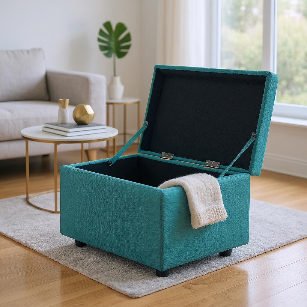 Blue Linen Storage Ottoman Bench with Hidden Compartment – 24.8" Wide