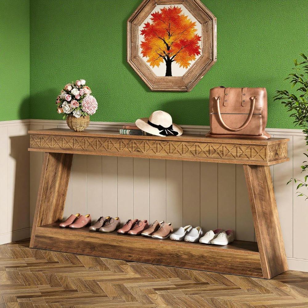 Rustic Brown 2-Tier Long Console Table – Farmhouse Style Entryway & Sofa Table