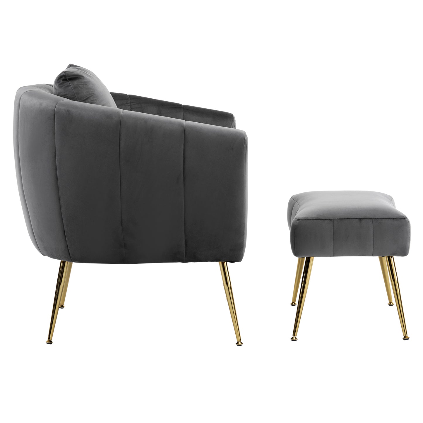 Velvet Barrel Chair with Ottoman & Lumbar Pillow – Gray Accent Set