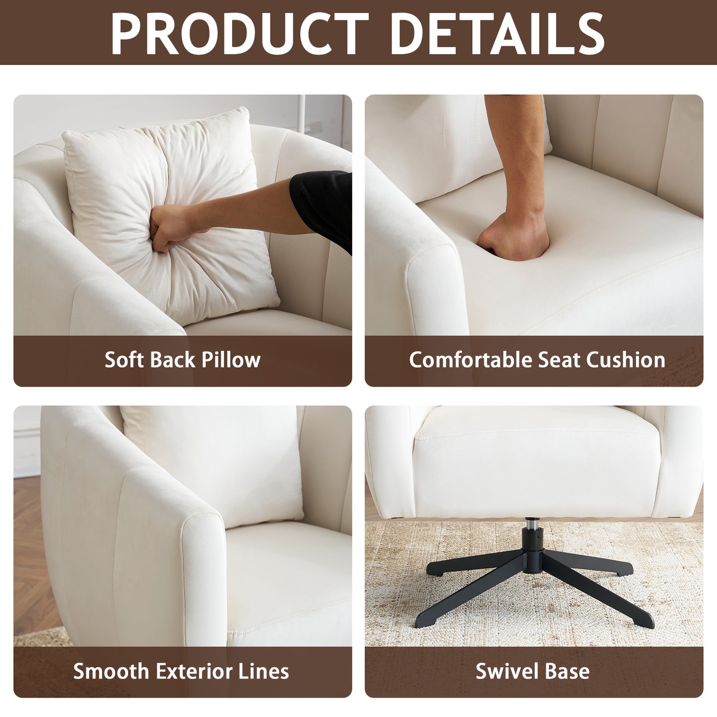 360° Swivel Velvet Accent Chair with Fluffy Cushion – Off White