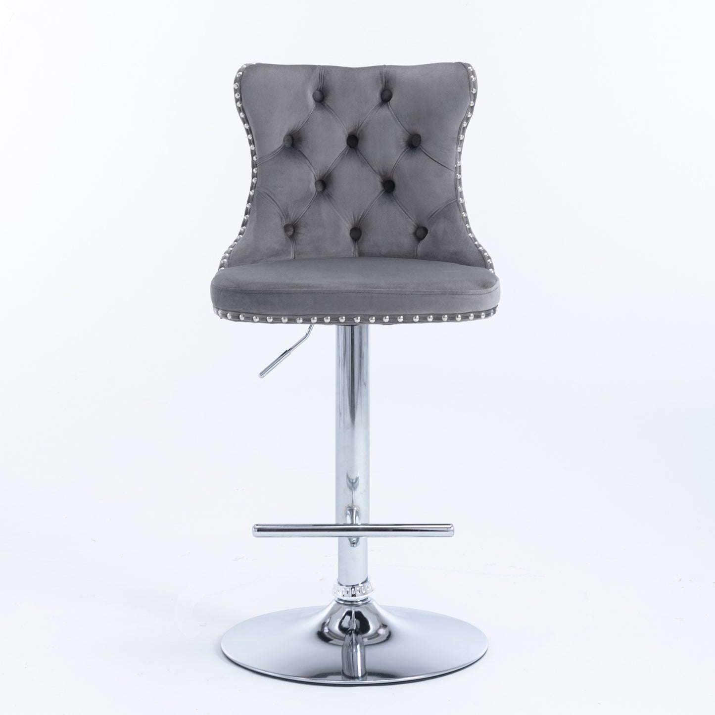 Set of 2 Gray Velvet Swivel Barstools, Adjustable Height 25–33", with Backs