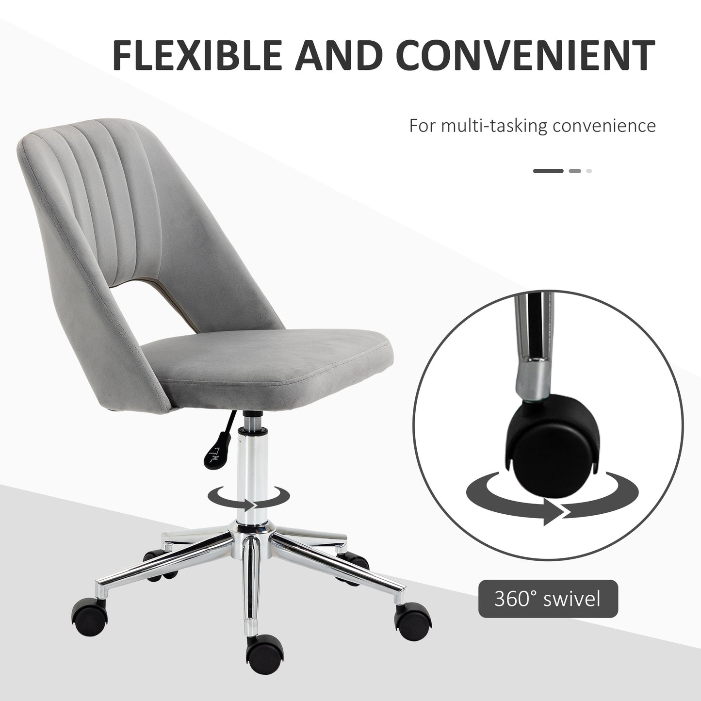 Modern Grey Velvet Office Chair – Adjustable Height, Swivel Base & Scallop Backrest