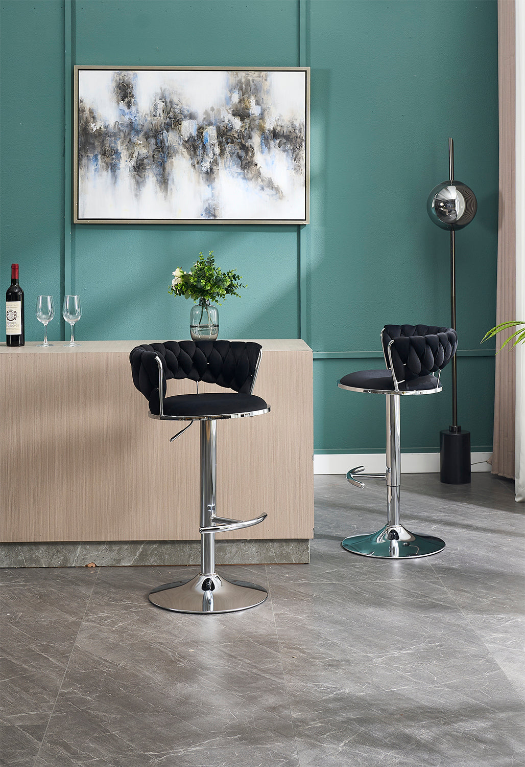 Set of 2 Black Velvet Bar Stools with Chrome Base & Swivel Adjustable Height