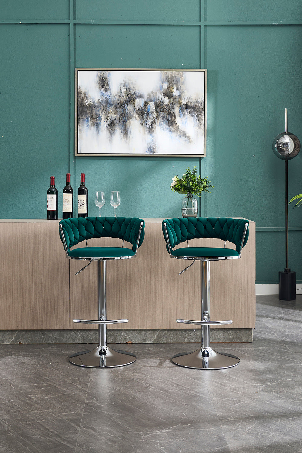 Set of 2 Green Velvet Bar Stools with Chrome Base & Swivel Adjustable Height