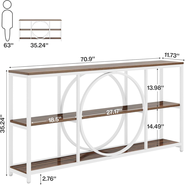 70.9" White Walnut Console Table with 3-Tier Shelves – Modern Industrial Accent