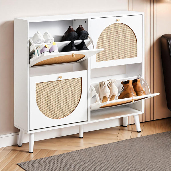 2-Row 4-Bucket Rattan Shoe Cabinet, White & Wood Finish w/ Gold High Legs