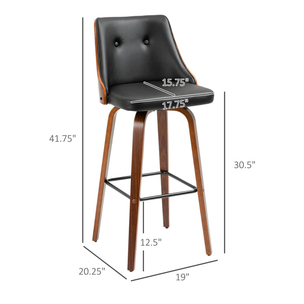 Set of 2 Black PU Leather Wingback Swivel Bar Stools with Tufted Back & Footrest