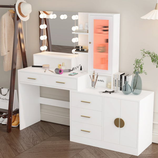 Large Vanity Table with Mirror, LED Lights, Drawers & Charging Station, White