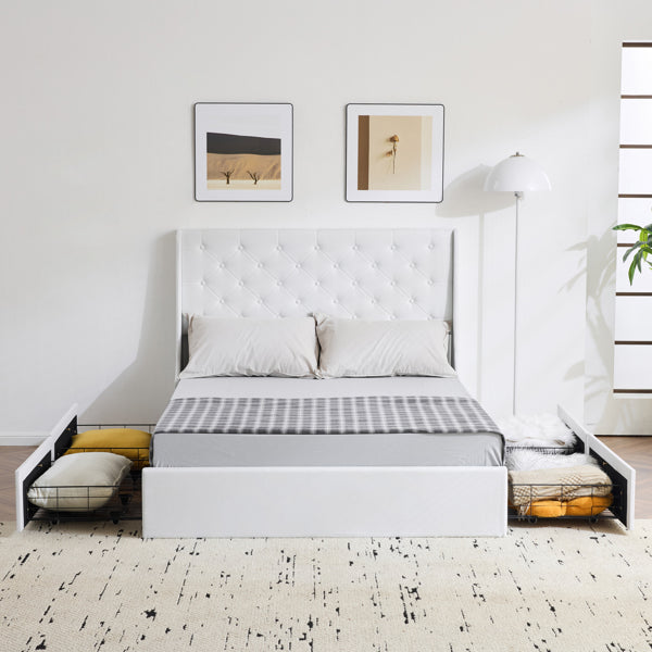 Queen Upholstered Storage Bed Frame with 4 Drawers & Wingback Tufted Headboard