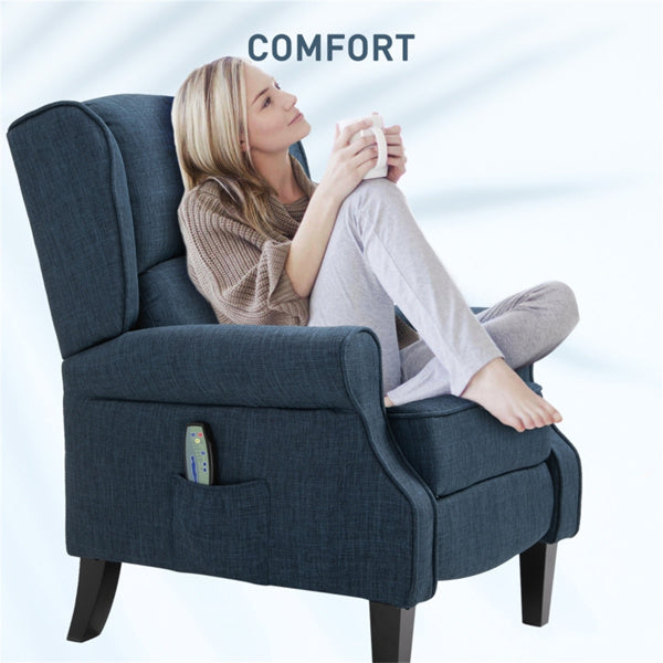 Heated Massage Recliner Chair with Lumbar Support – Manual Pushback, Blue