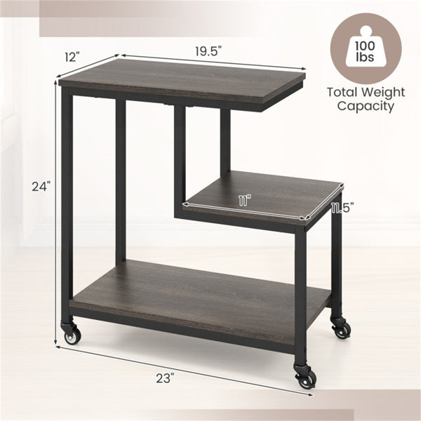 G-Shaped 3-Tier Gray End Table with Wheels – Mobile Storage Side Table