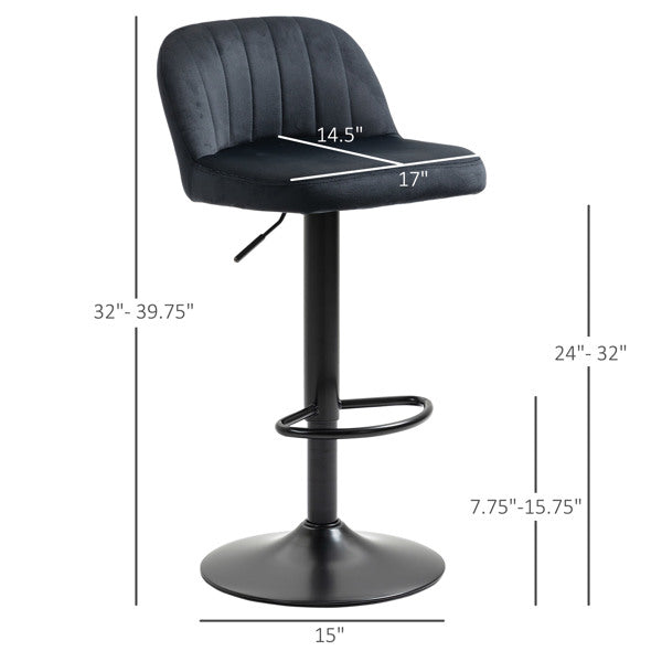 Set of 2 Black Velvet Adjustable Swivel Bar Stools with Footrest – Modern Counter Chairs