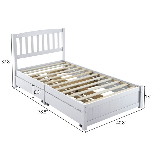 Twin Pine Wood Platform Bed with 4 Storage Drawers & Curved Headboard – White