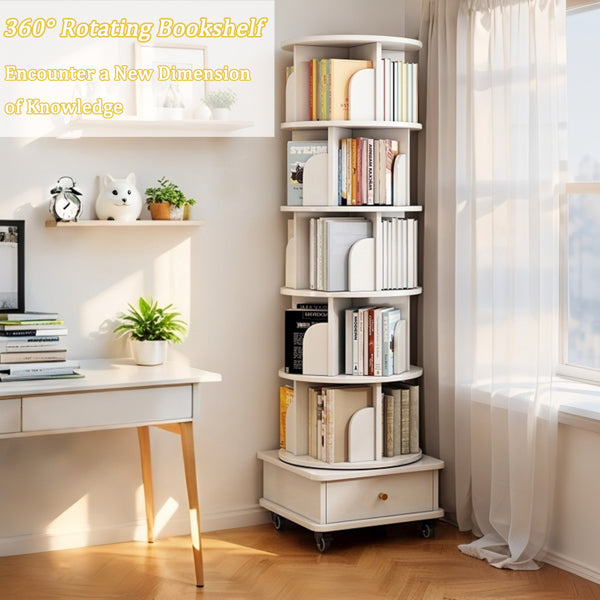 6-Tier 360° Rotating Bookshelf with Wheels & Drawer, Space-Saving Warm White