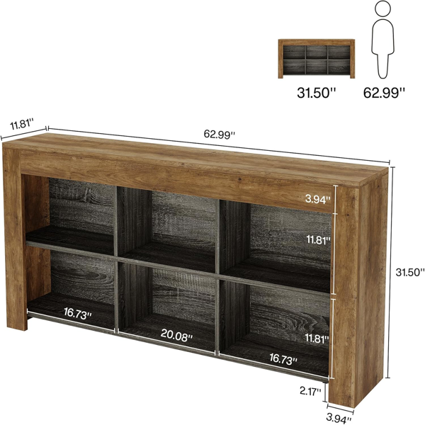 Rustic Brown 6-Cube Long Console Table – Industrial Low Bookshelf & TV Stand