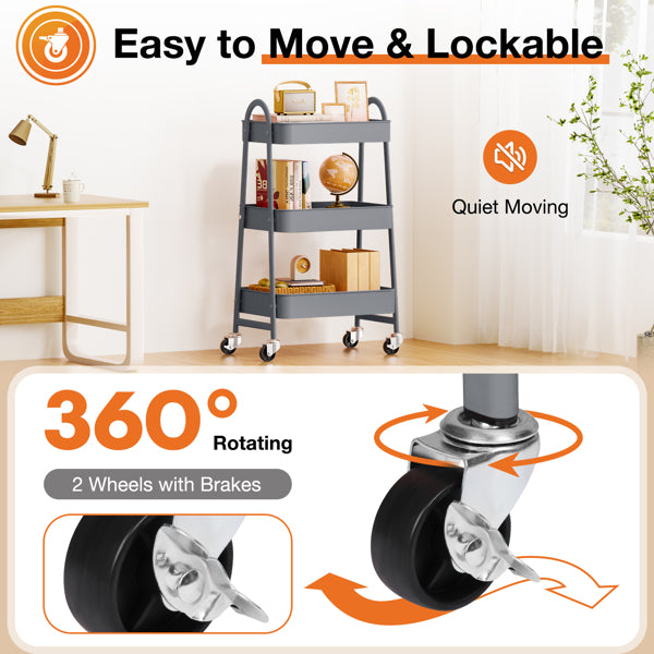 3-Tier Rolling Metal Utility Cart – Storage Organizer for Home & Office