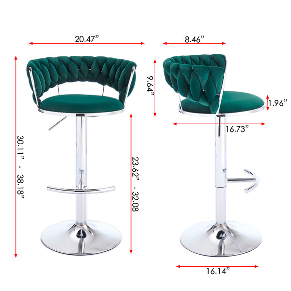 Set of 2 Green Velvet Bar Stools with Chrome Base & Swivel Adjustable Height