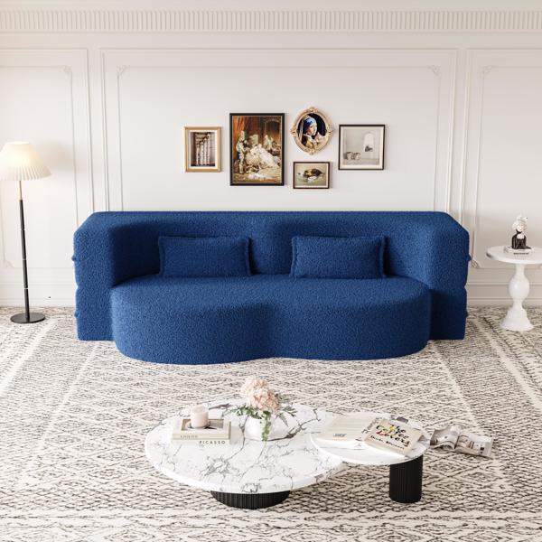 Blue Teddy Fabric Convertible Floor Sofa Bed with 2 Pillows, Full Size 78"