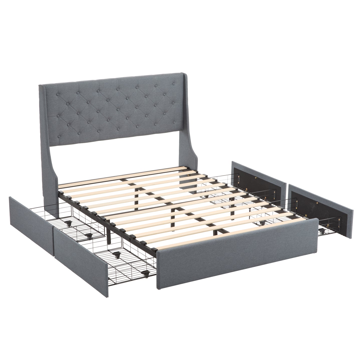 Queen Upholstered Storage Bed Frame with 4 Drawers & Wingback Tufted Headboard
