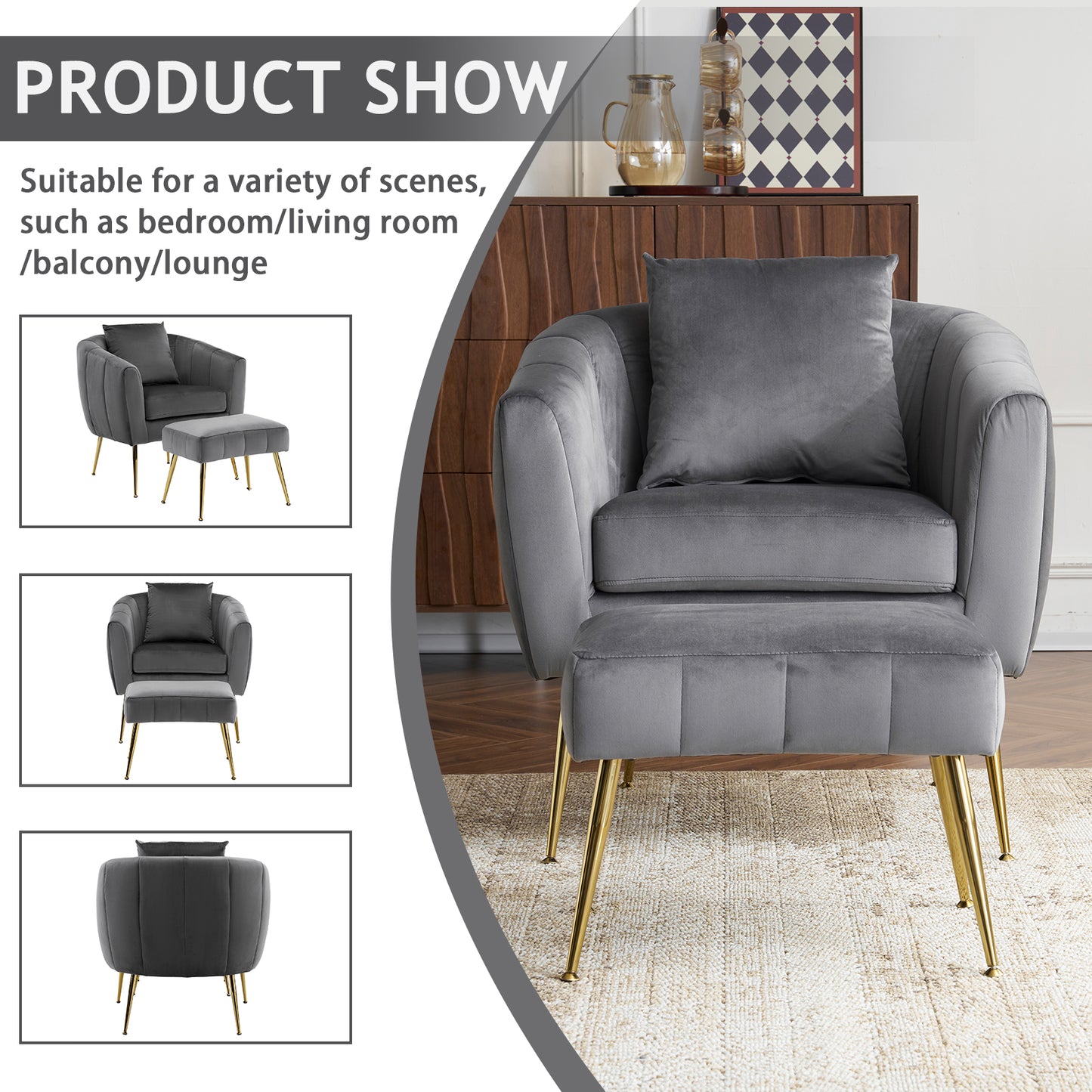 Velvet Barrel Chair with Ottoman & Lumbar Pillow – Gray Accent Set