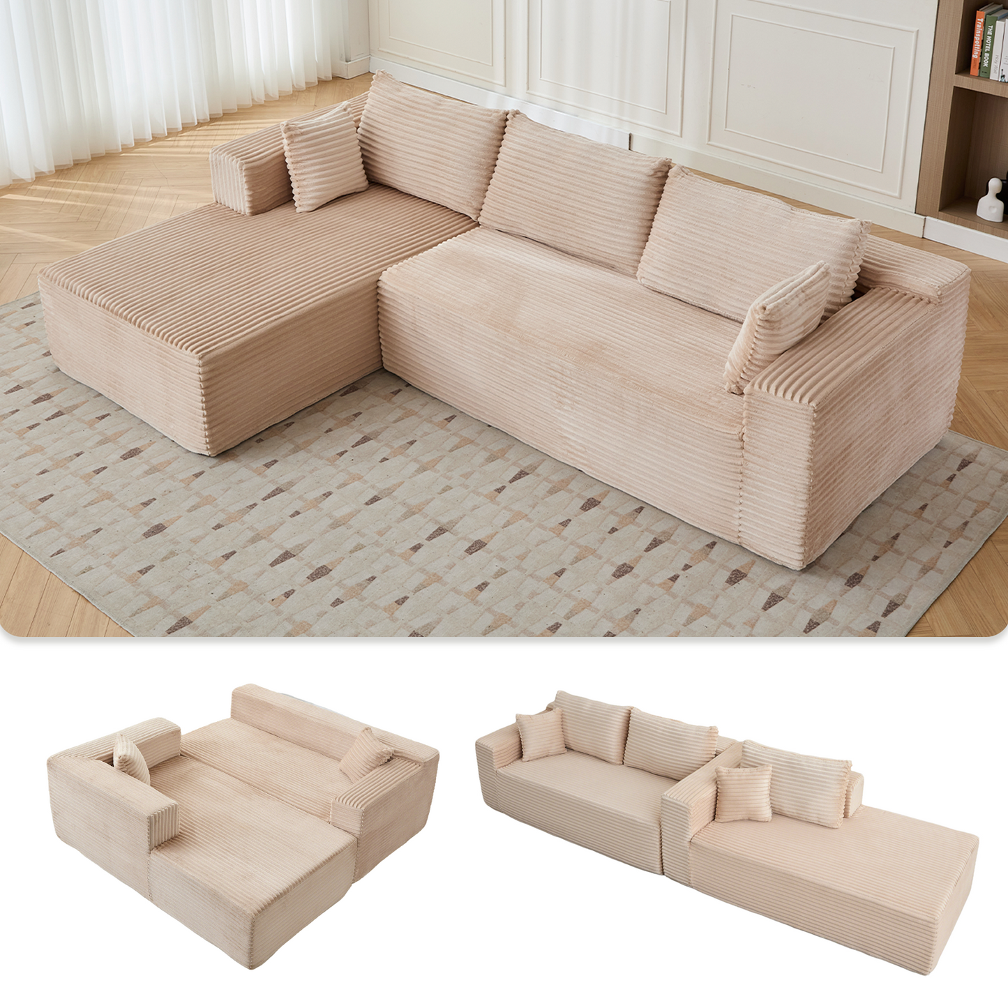 Modular L-Shaped Corduroy Sectional Sofa with Chaise – Beige