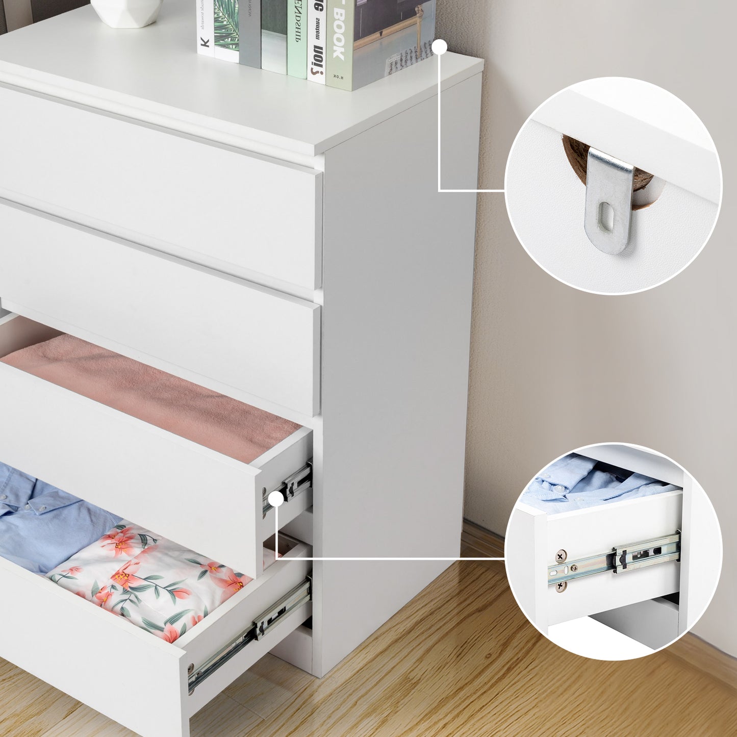 White Wood 4-Drawer Dresser – Compact Storage Cabinet for Bedroom or Living Room
