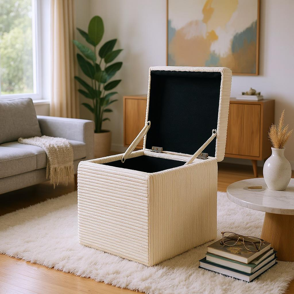 Beige Corduroy Storage Ottoman with Hidden Compartment – 16.5” Cube Seat