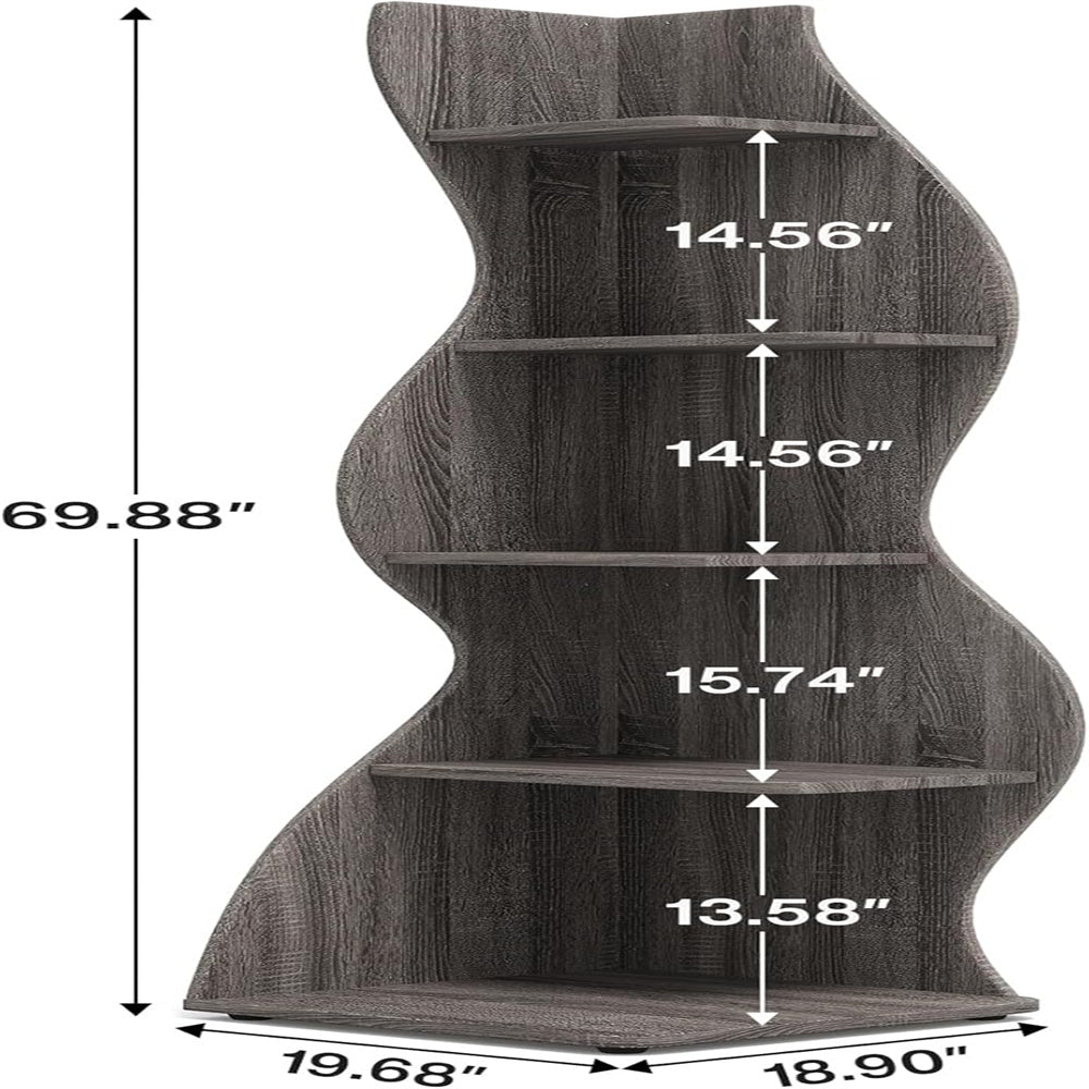 Dark Brown Wavy 5-Tier Corner Bookshelf – Modern Sculpted Bookcase Storage Rack