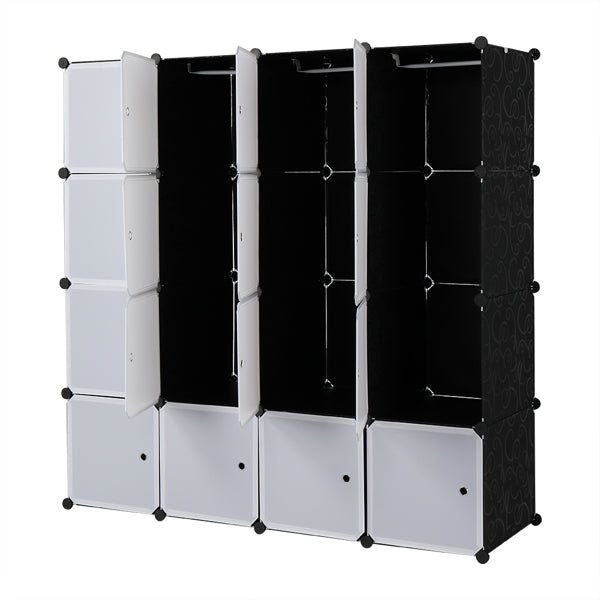 16-Cube Modular Closet Organizer with Hanging Rods, White Doors & Black Panels