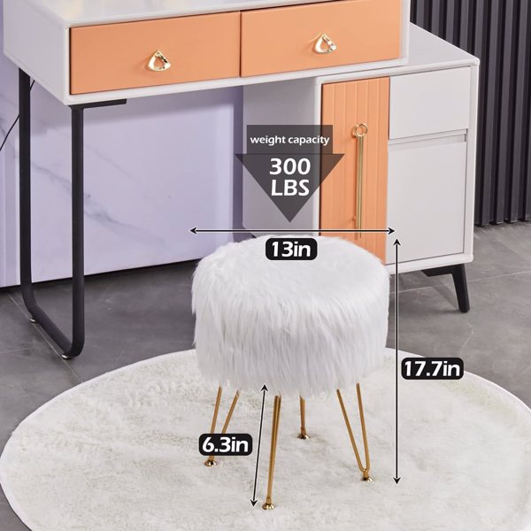 Faux Fur Ottoman Stool with Marble Tray, Footrest & Storage, White Vanity Seat