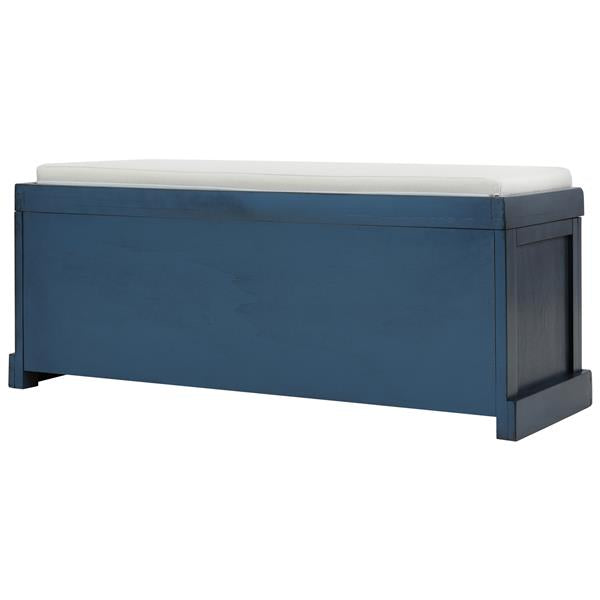 Rustic Entryway Storage Bench with 3 Rattan Baskets & Cushion, Antique Navy