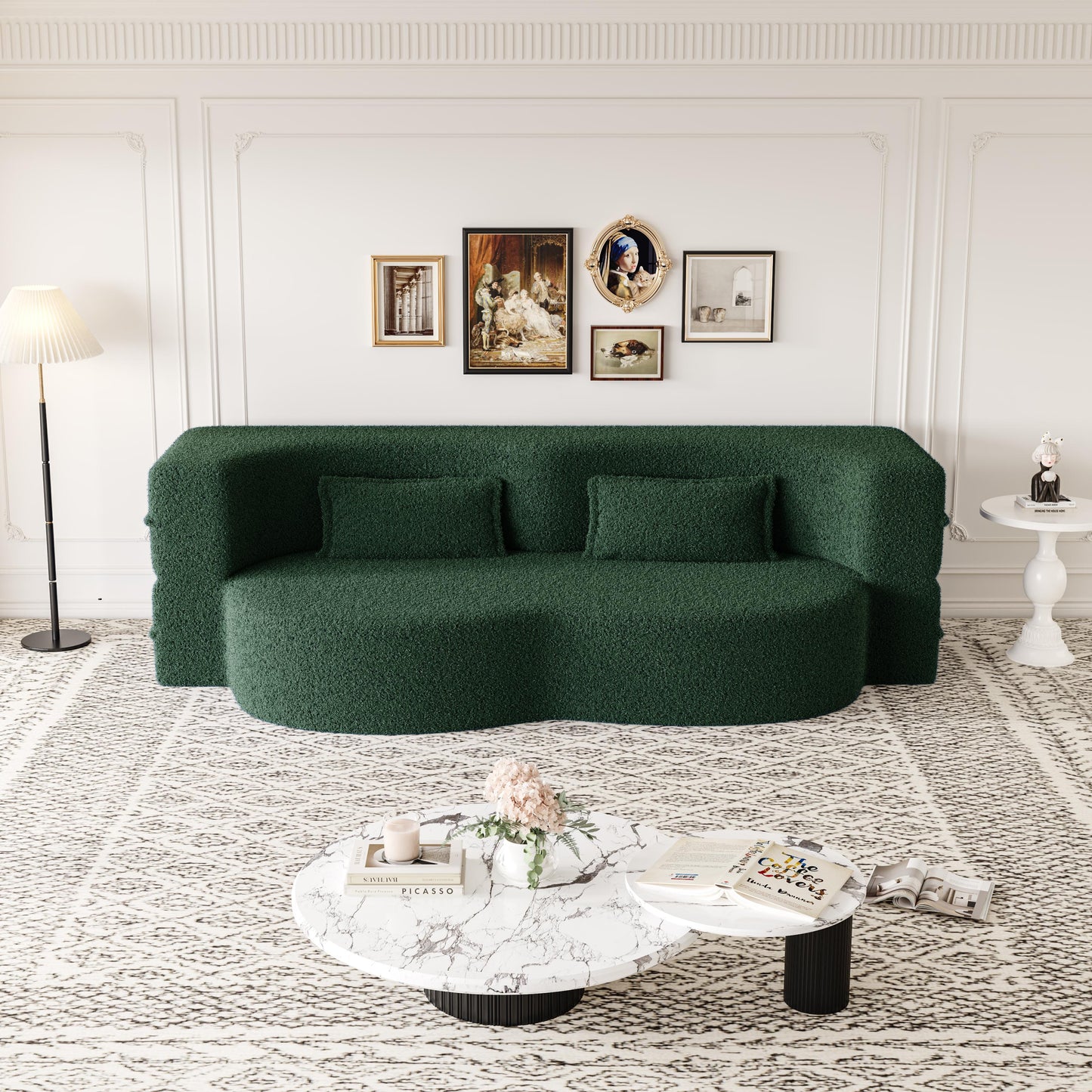 Green Teddy Fabric Convertible Floor Sofa Bed with 2 Pillows, Full Size 78"