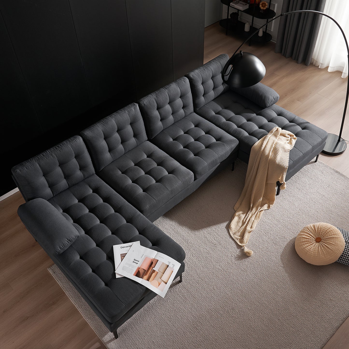 U-Shaped Sectional Sofa – Dark Gray Upholstery, Wooden & Iron Frame with Black L