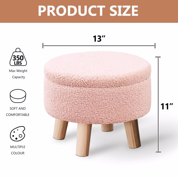 Round Storage Ottoman, Teddy Velvet Footrest with Wood Legs for Living Room, Pink