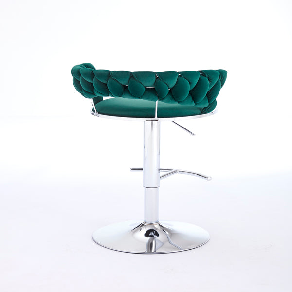 Set of 2 Green Velvet Bar Stools with Chrome Base & Swivel Adjustable Height