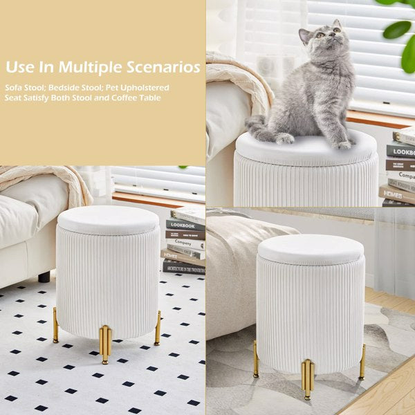 Velvet Round Ottoman Foot Stool with 23Qt Storage, 300lbs Support, Padded Seat