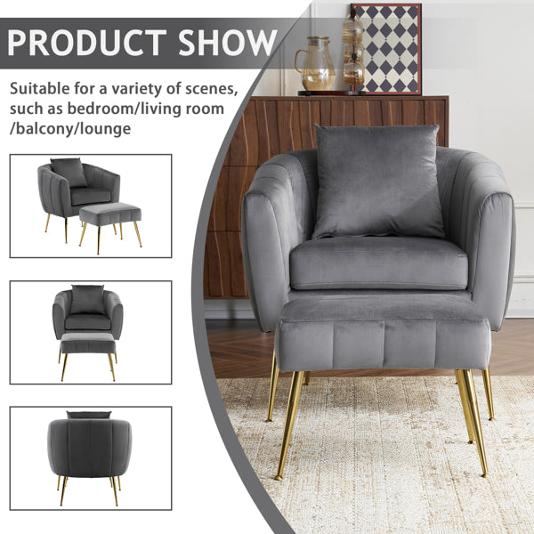 Velvet Barrel Chair with Ottoman & Lumbar Pillow – Gray Accent Set