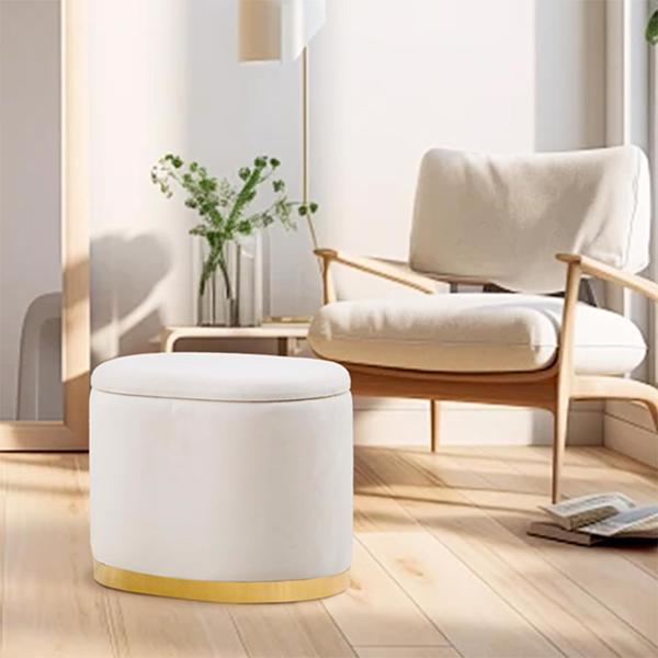 Round Storage Ottoman with Flip-Top Lid – Cream Upholstered Stool