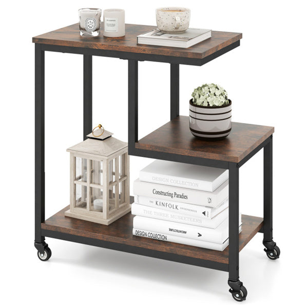G-Shaped 3-Tier Brown End Table with Wheels – Mobile Storage Side Table