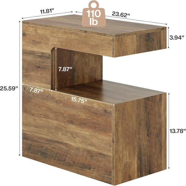C-Shaped End Table with Shelf – Rustic Side Coffee Table for Couch, Bed & Living Room