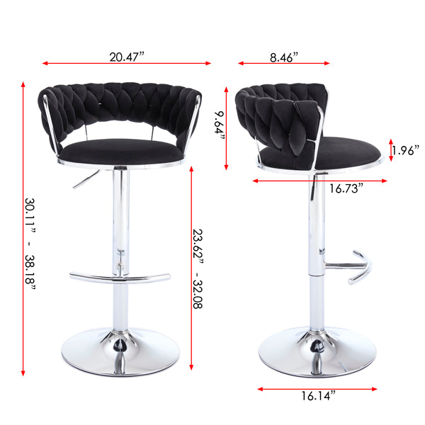 Set of 2 Black Velvet Bar Stools with Chrome Base & Swivel Adjustable Height