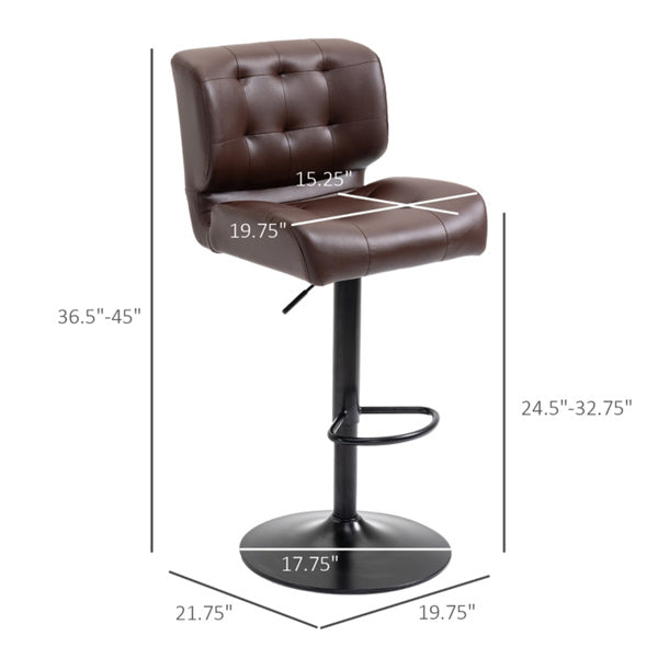 Set of 2 Adjustable Brown Bar Stools with Swivel Seats & Tufted Backrest
