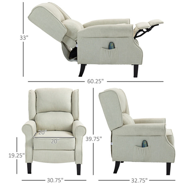 Heated Massage Recliner Chair with Lumbar Support – Manual Pushback, Off White