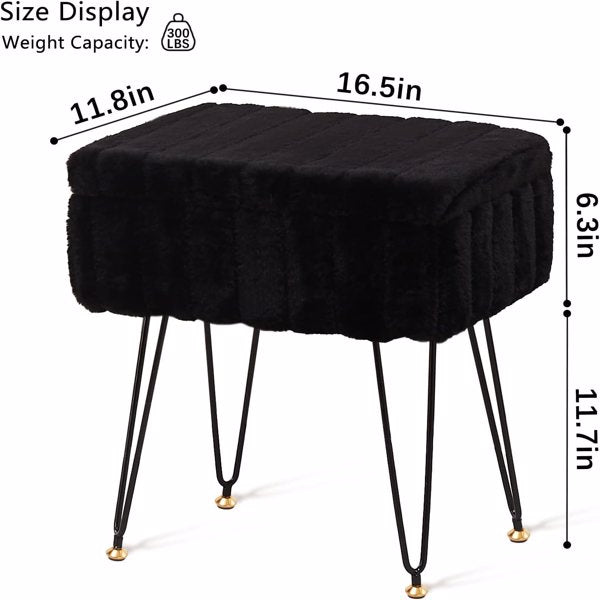 Faux Fur Ottoman with Storage – Vanity Stool & Footrest for Bedroom, Black