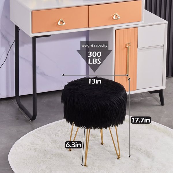 Faux Fur Ottoman Stool with Marble Tray, Footrest & Storage, Black Vanity Seat