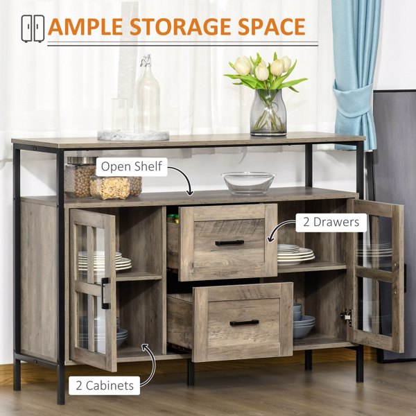47" Industrial Gray Sideboard with Cabinets, Drawers & Open Shelf Storage