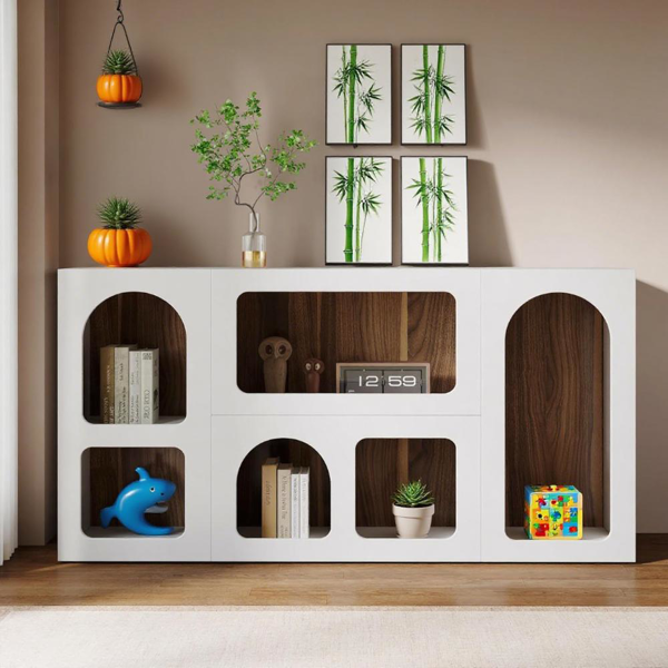 Modern White 6-Compartment Long Console Table – Elegant Storage & Display Unit