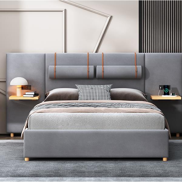 Queen Upholstered Platform Bed with USB Ports, Pillows & Storage Shelves – Gray