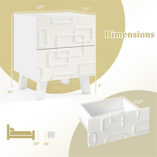 White Modern Nightstand with 2 Drawers – Geometric 3D Pattern Bedside Side Table