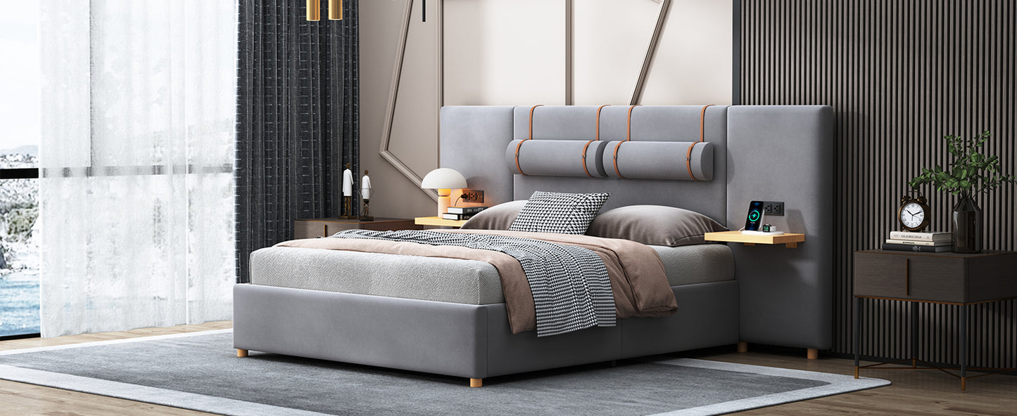 Queen Upholstered Platform Bed with USB Ports, Pillows & Storage Shelves – Gray